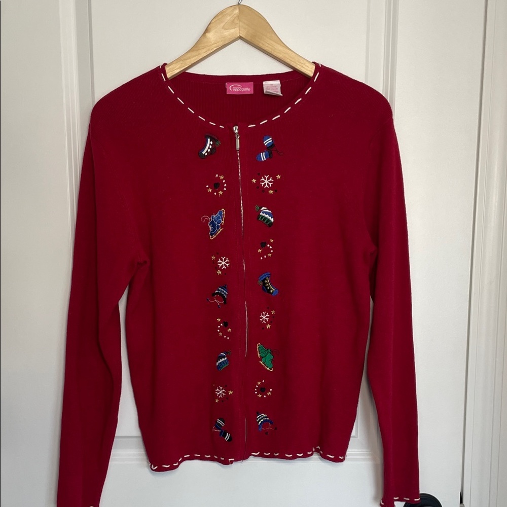 Pappagallo Women’s Front Zip Winter/Holiday Embroidered Cardigan Sweater M